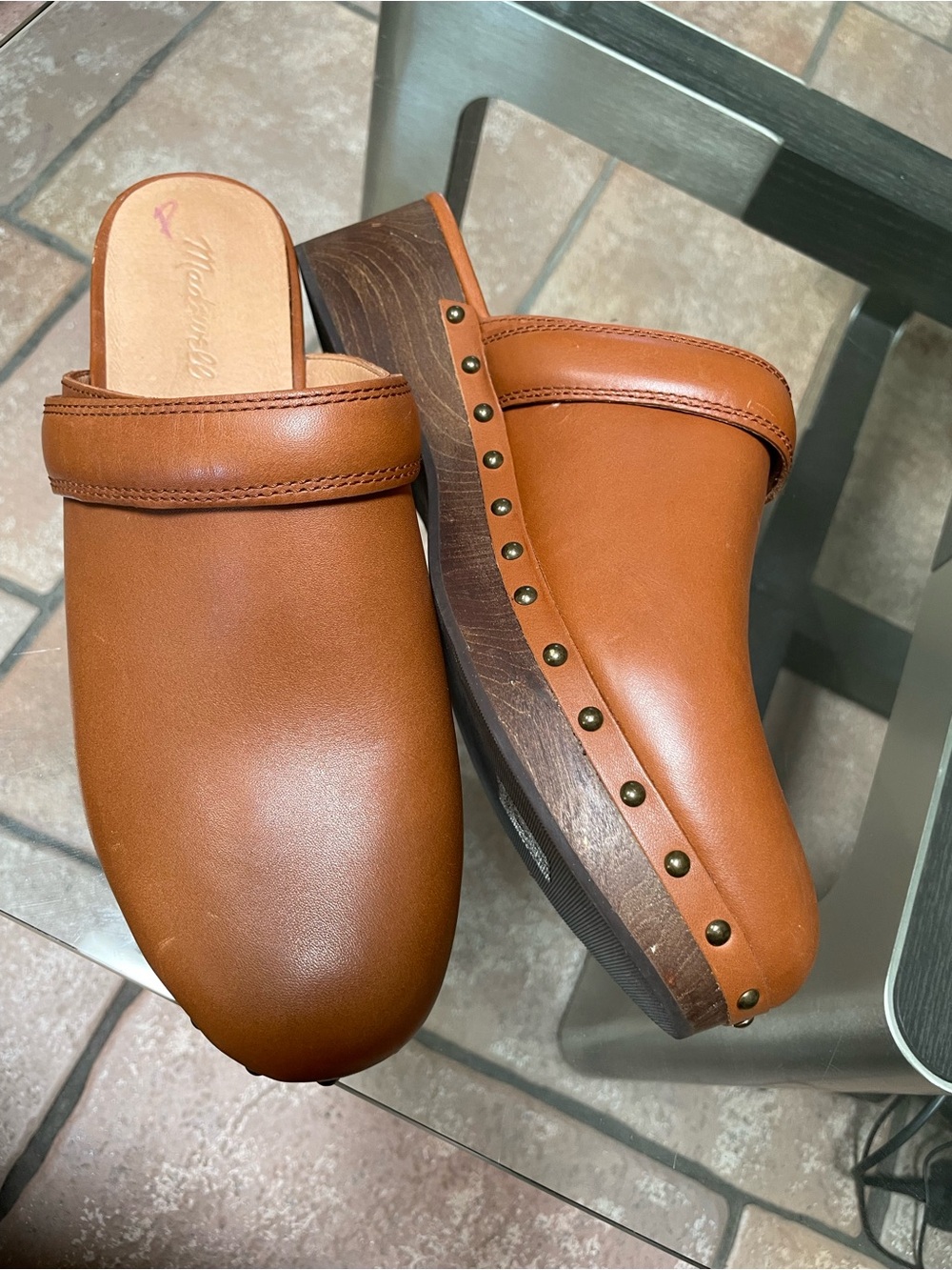 Madewell Cognac Leather Studded Clog Mules